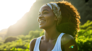 Mulher sorrindo. Luz do sol ao fundo. Saudável.