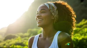 Mulher sorrindo. Luz do sol ao fundo. Saudável.